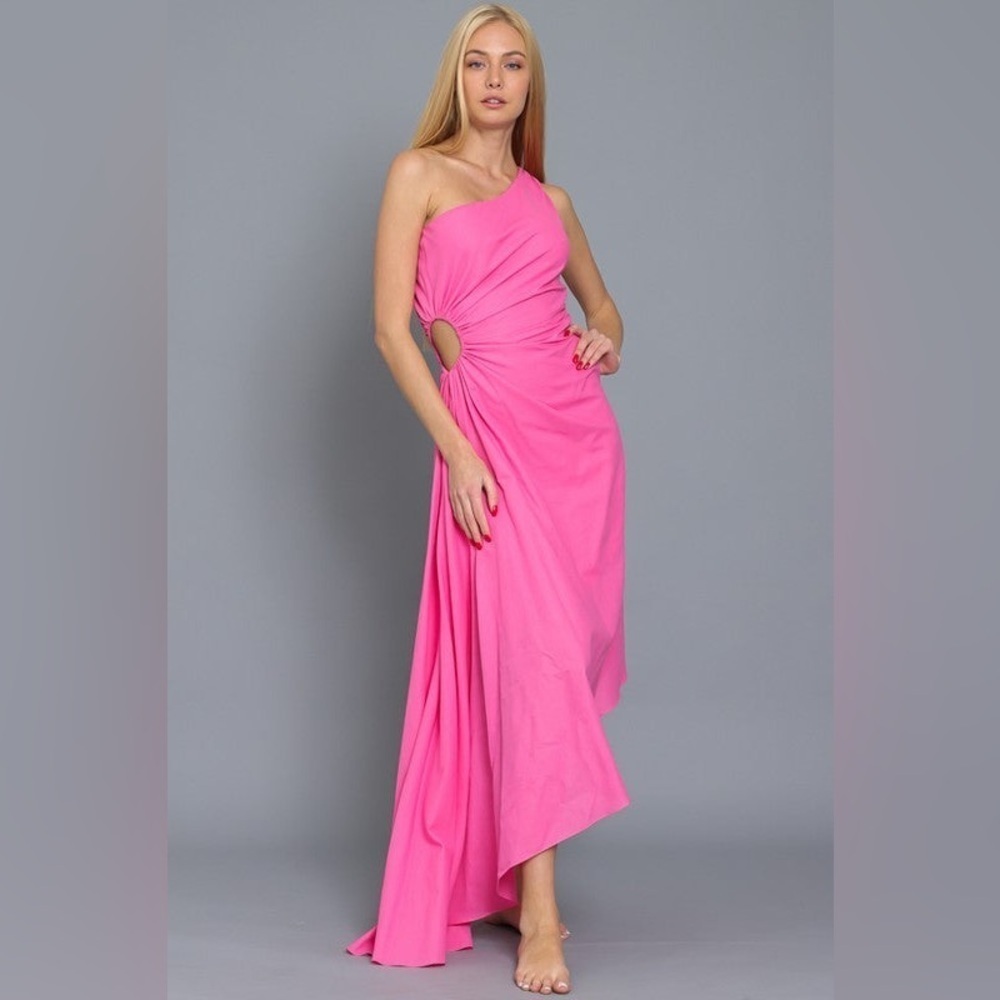 Aakaa Women's Small Bubblegum Pink One Shoulder Asymmetric Gown Linen Cut Out